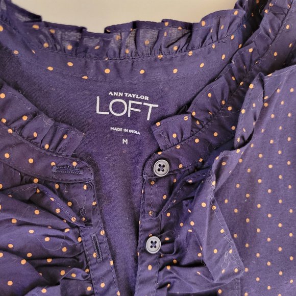 LOFT Navy Poka Dot Ruffle Neck LS Top, Size M, NWOT - Picture 4 of 11